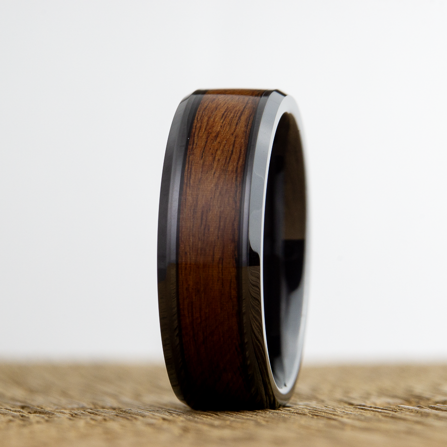 black wedding ring with Rosewood inlay