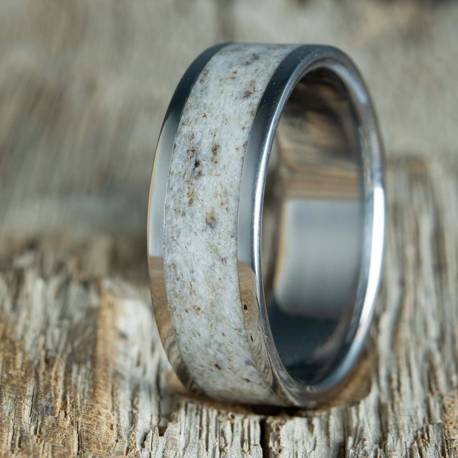 Antler wedding band with polished titanium