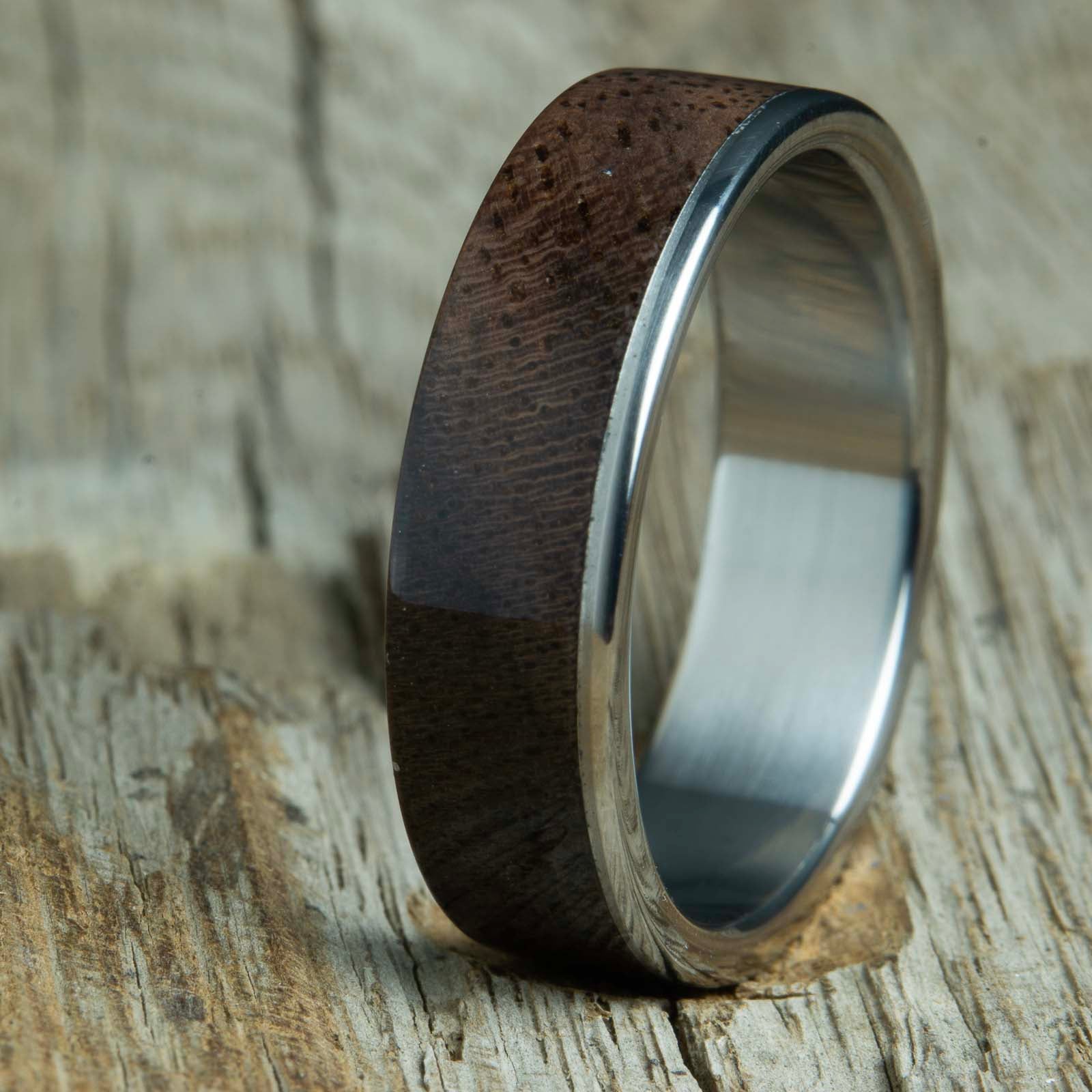 Walnut wood wedding bands with polished titanium