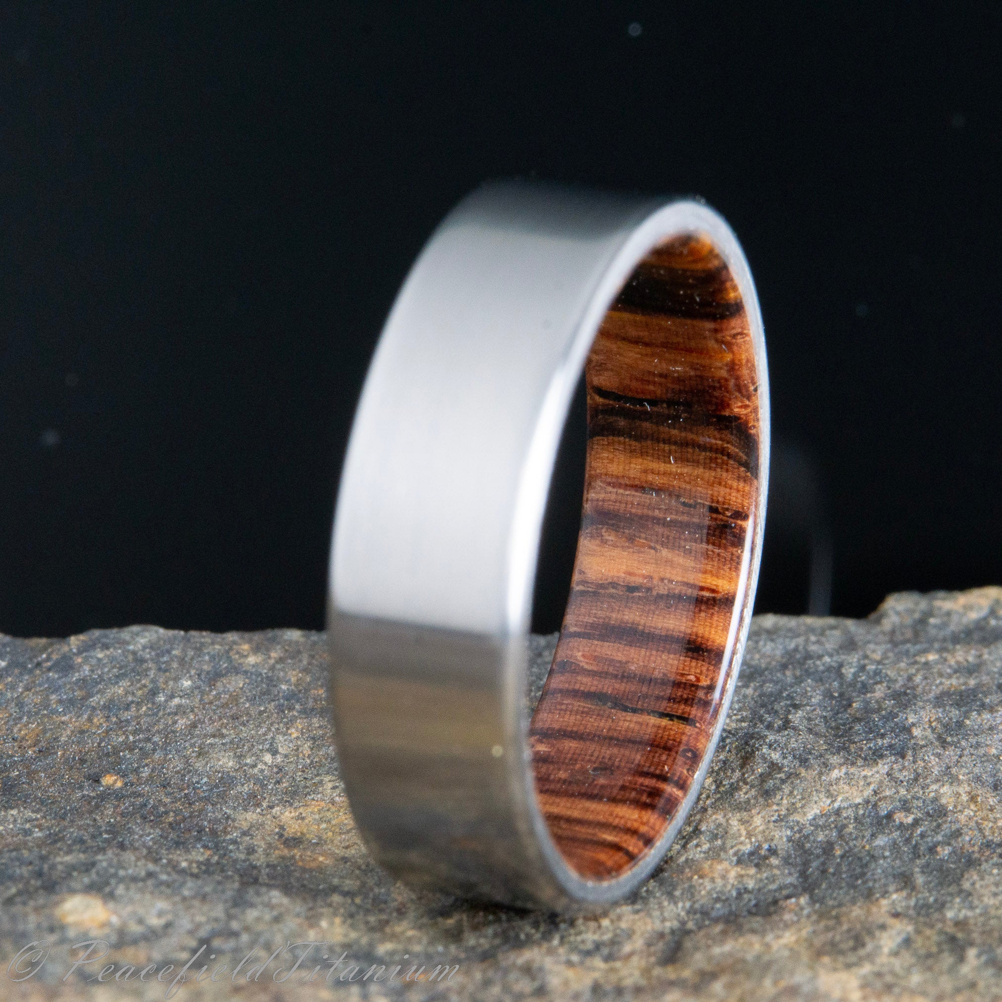 "The Elbert" Cocobolo wood lined titanium ring for wedding, 5th anniversary wood gift,