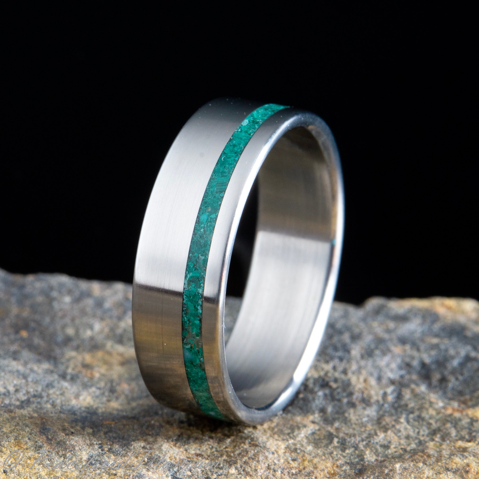 Green Malachite stone inlay on Men's satin Titanium wedding band