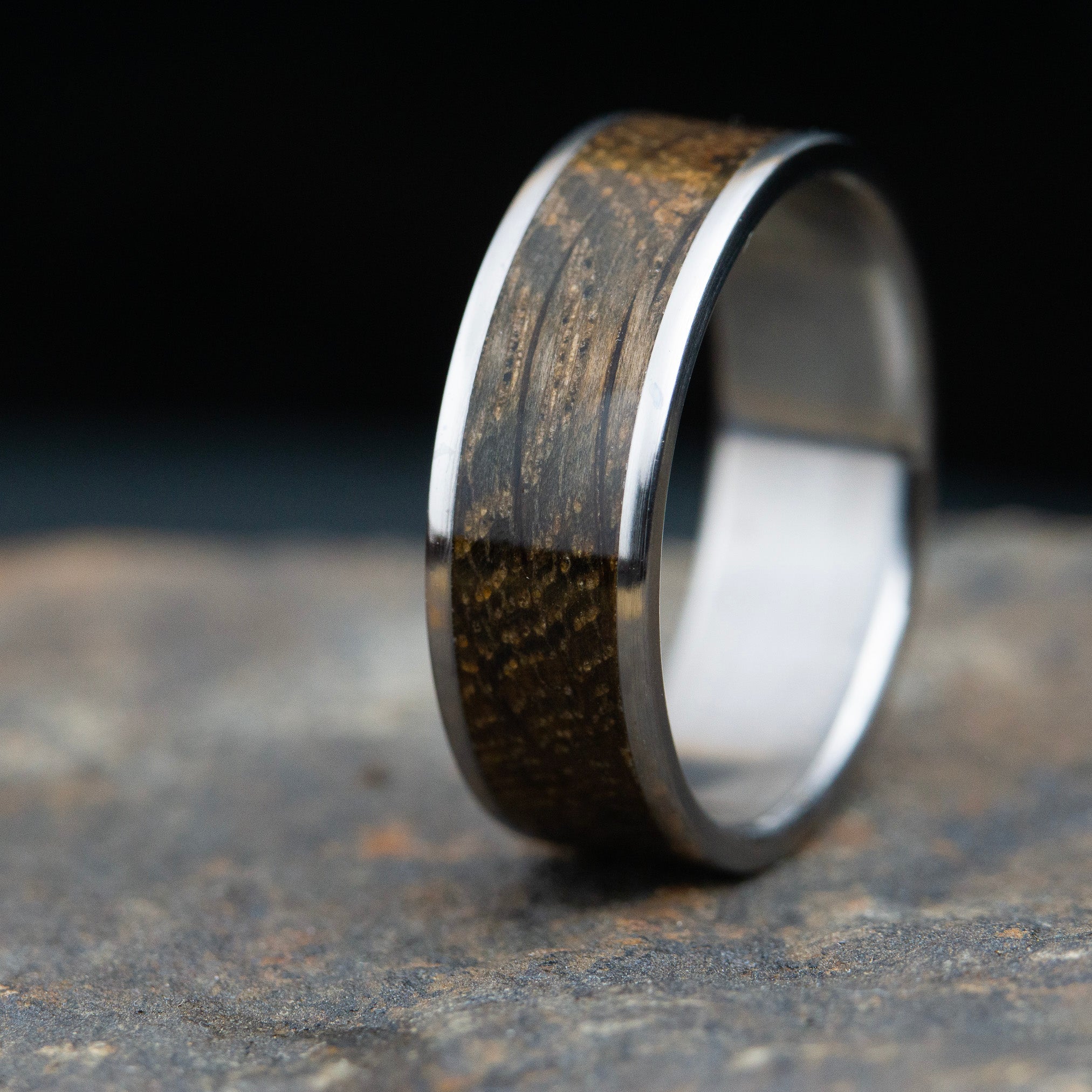 Bourbon barrel wood and titanium wedding ring band