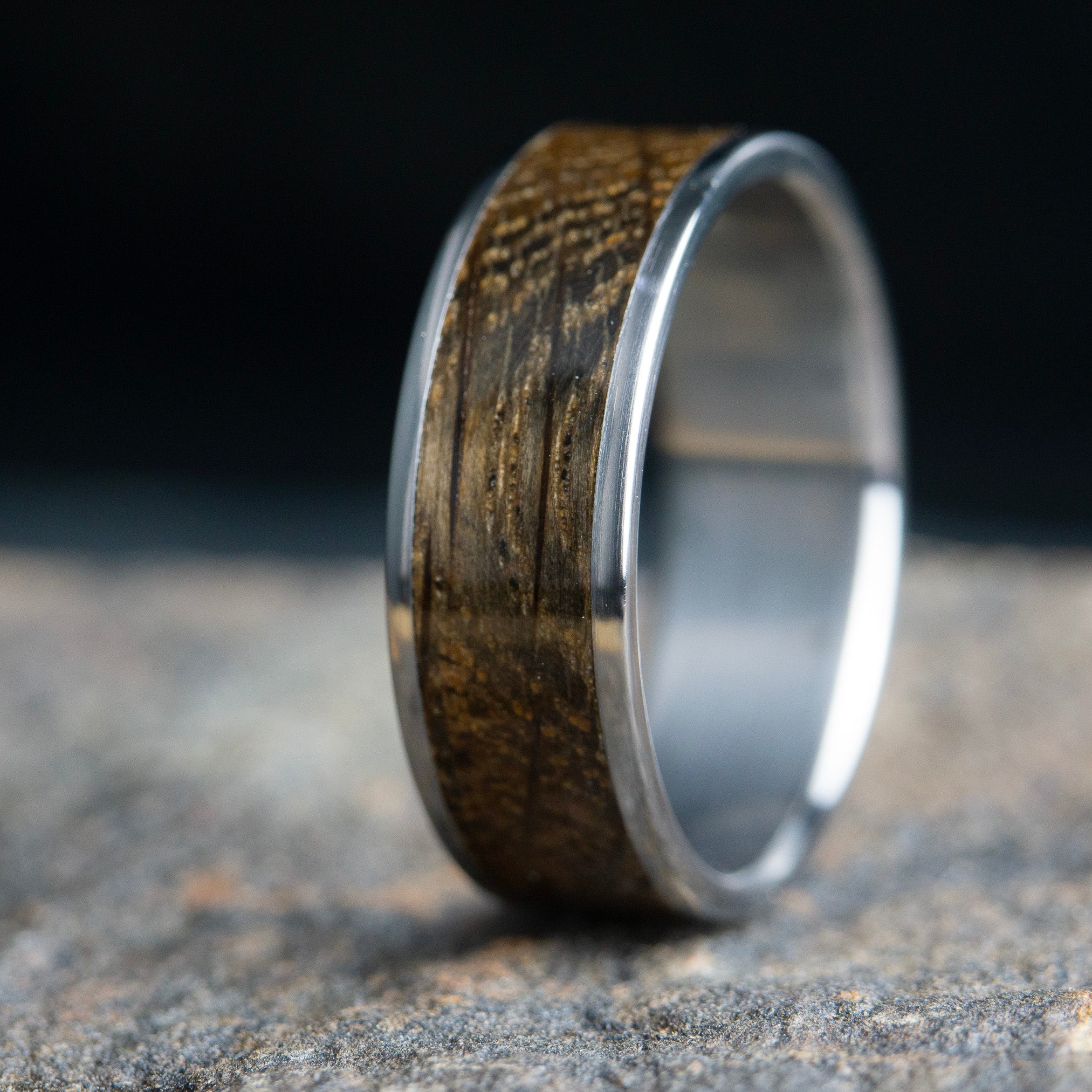 Bourbon barrel wood and titanium wedding ring band Peacefield titanium