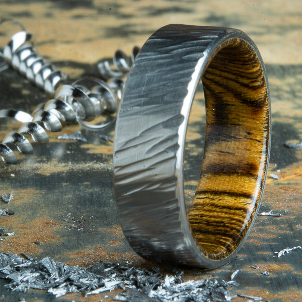 Bocote wood and Hammered titanium ring
