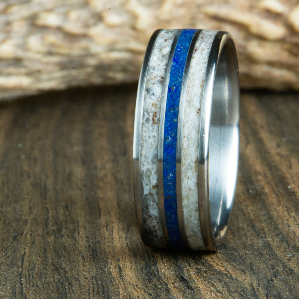 Lapis stone and antler inlay ring