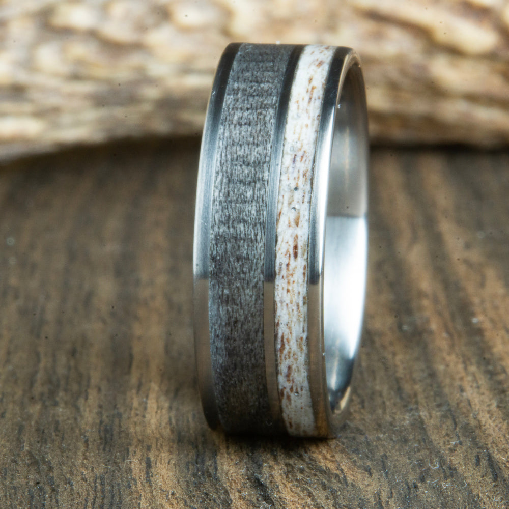 Antler ring with weathered maple wood
