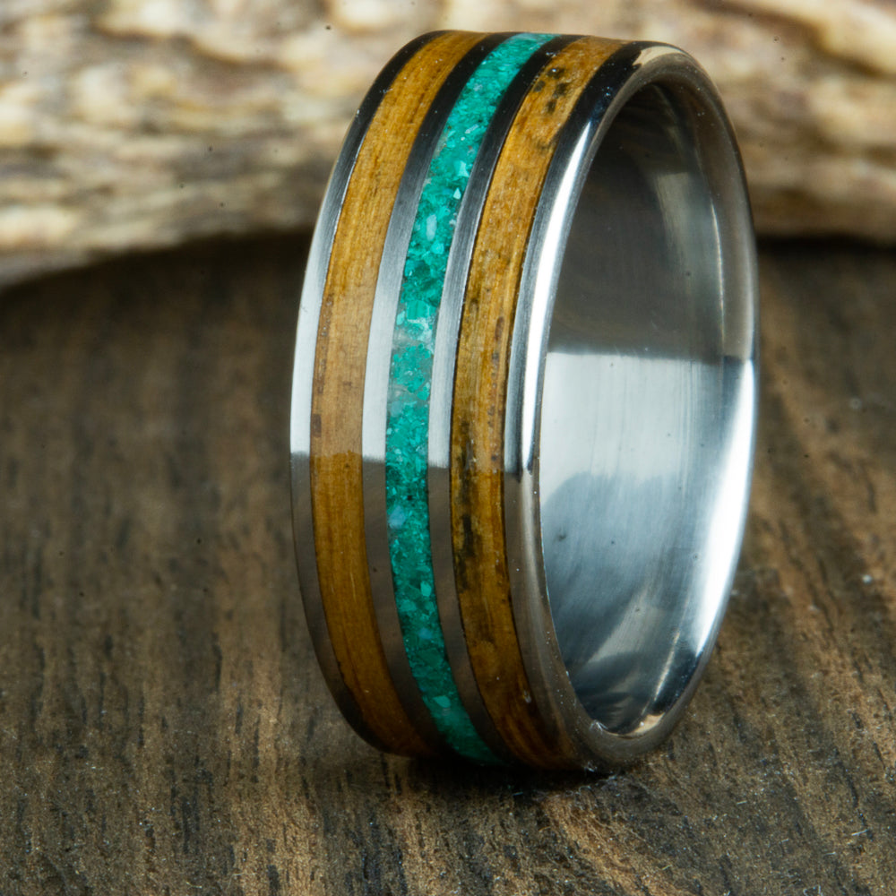 malachite wedding band with whiskey barrel wood