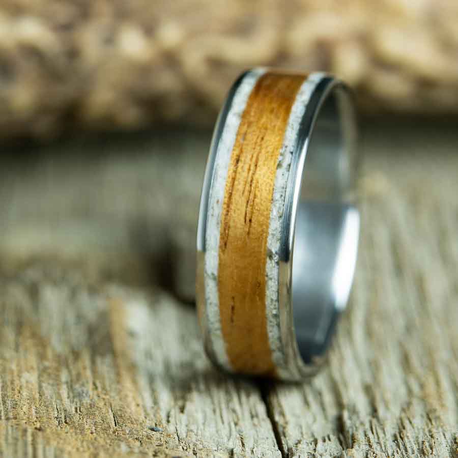 Koa and antler wedding band, custom made by Peacefield Titanium