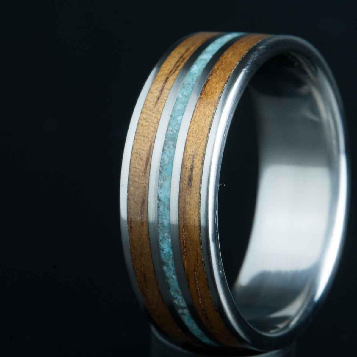 cool mens wedding band with Koa wood and turquoise