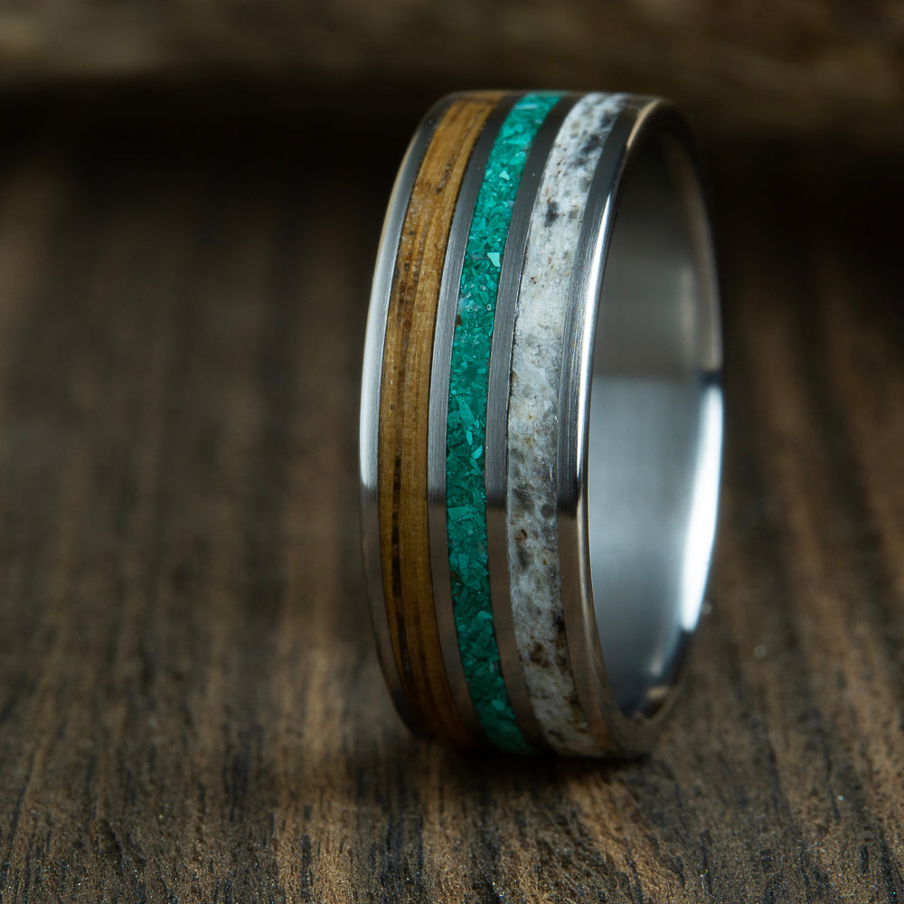 Antler rings, antler wedding bands with malachite and whiskey barrel