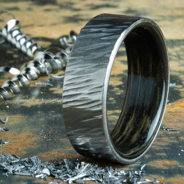 Hammered wedding bands with wood, mens hammered rings 