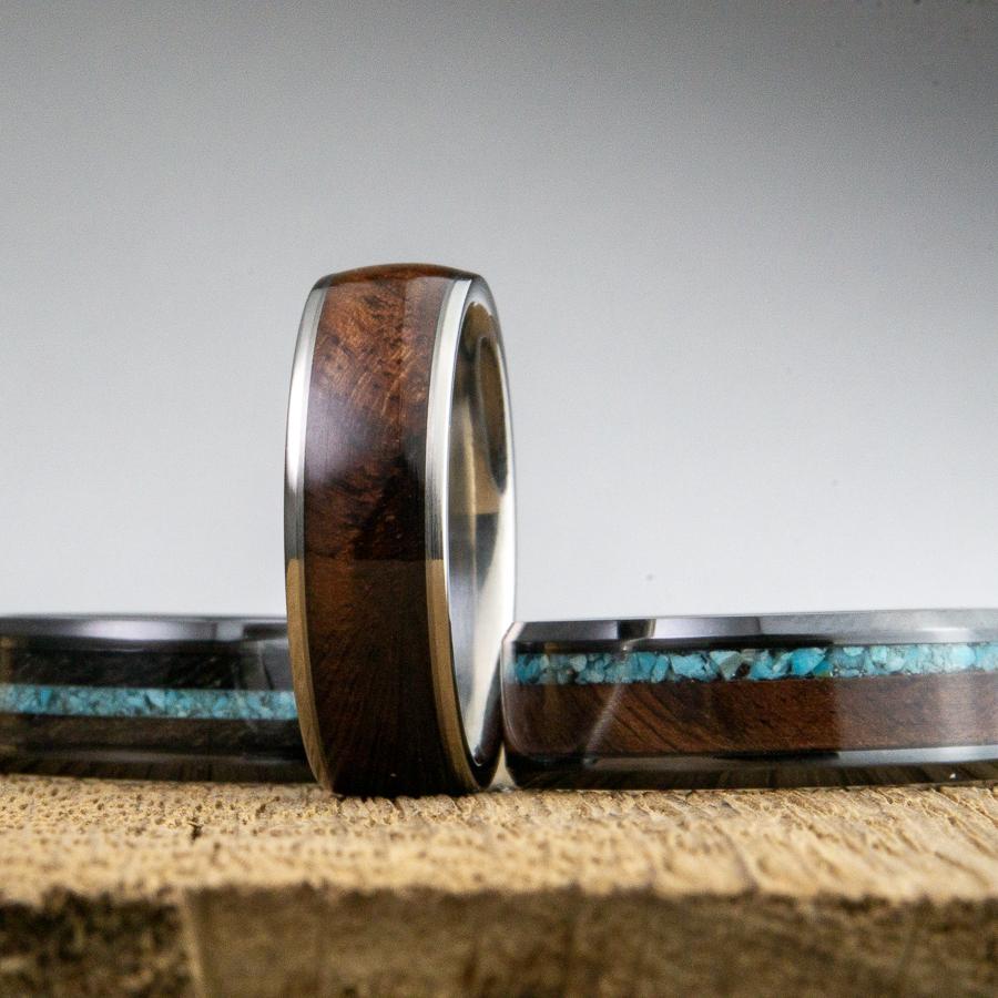 wood rings and wooden wedding bands made by Peacefield Titanium