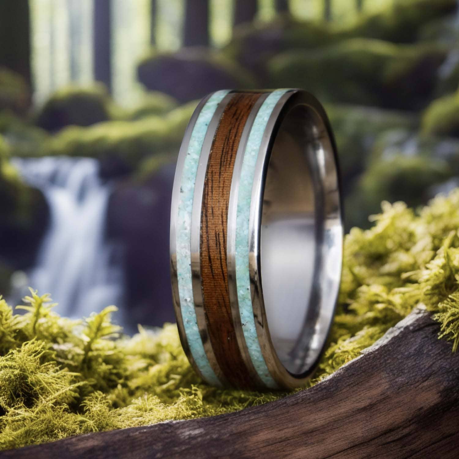 unique mens wedding band with rosewood and turquoise inlay