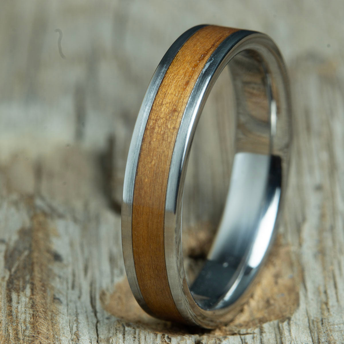 Womens wood ring with Koa inlay and polished titanium