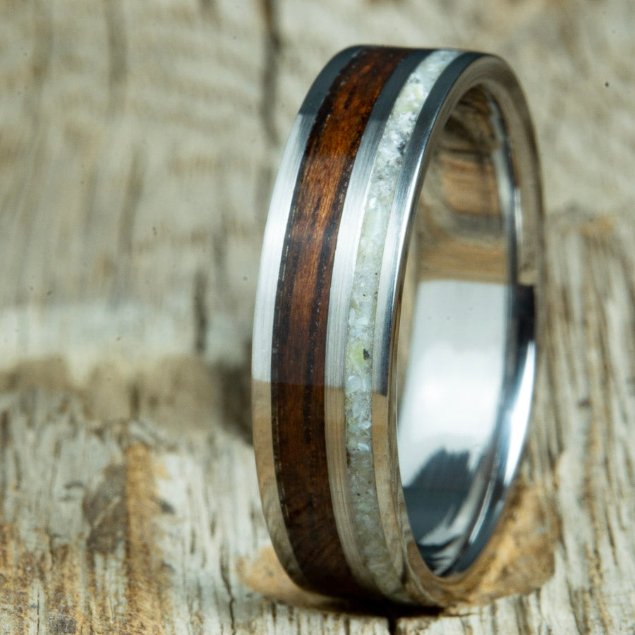 6mm ebony wood with mother of pearl inlay on 2 channel titanium band