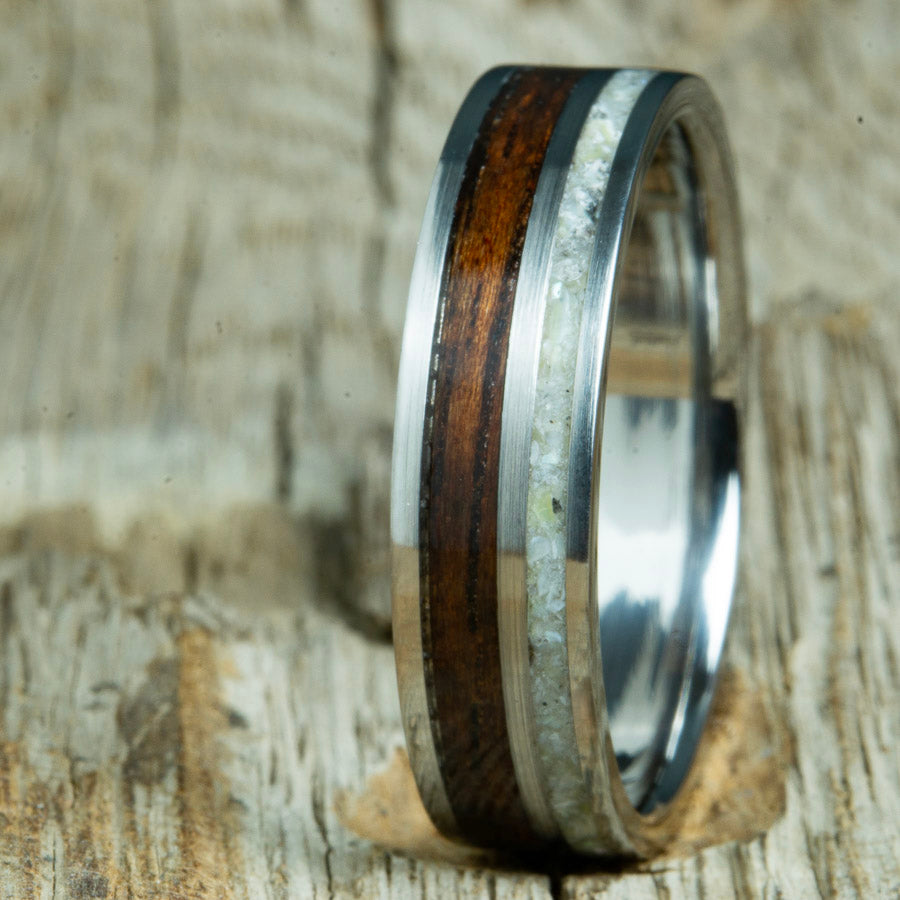 6mm ebony wood with mother of pearl inlay on 2 channel titanium band