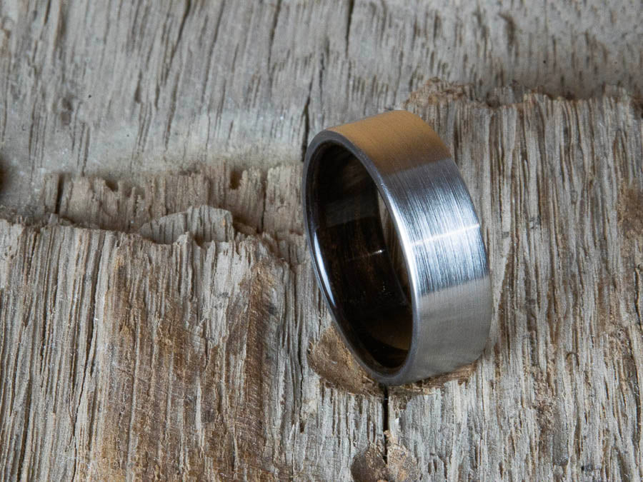 Mens ring with brushed Titanium and Ebony wood