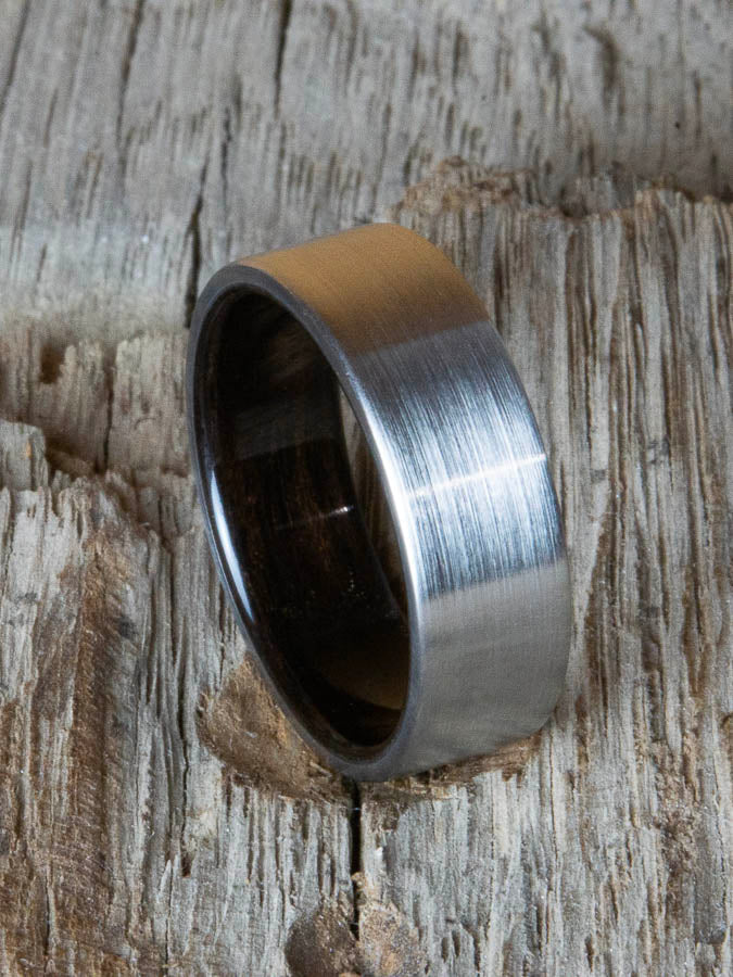 Brushed Titanium ring with Ebony wood. Custom ring made by Peacefield Titanium.com