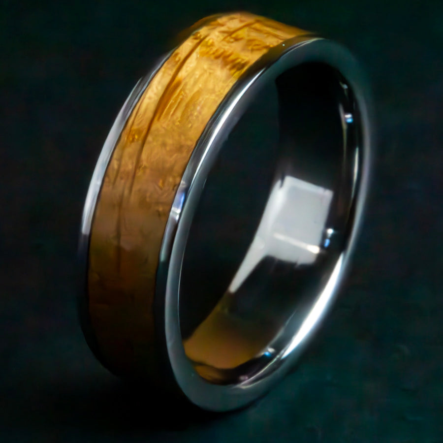 Mens titanium ring with 150 year old barnwood inlay