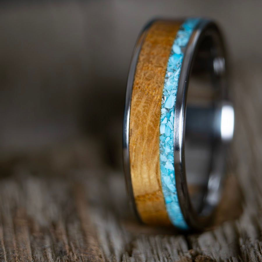 mens ring with 150 year old barn wood and turquoise inlay