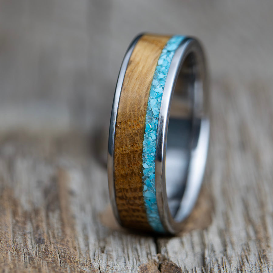 Ring made with 150 year old barn wood and turquoise