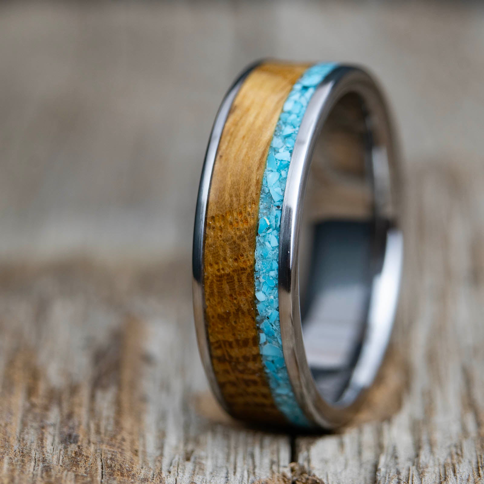 titanium ring with barnwood and turquoise inlay
