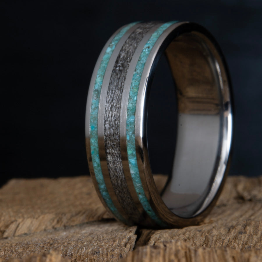 mens grey barnwood and turquoise inlay ring