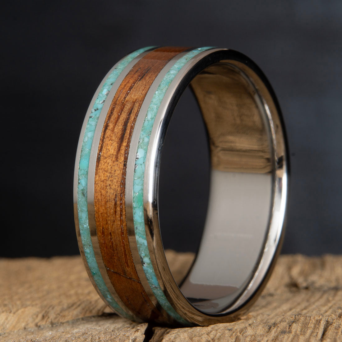 mens ring with Koa wood and turquoise inlay