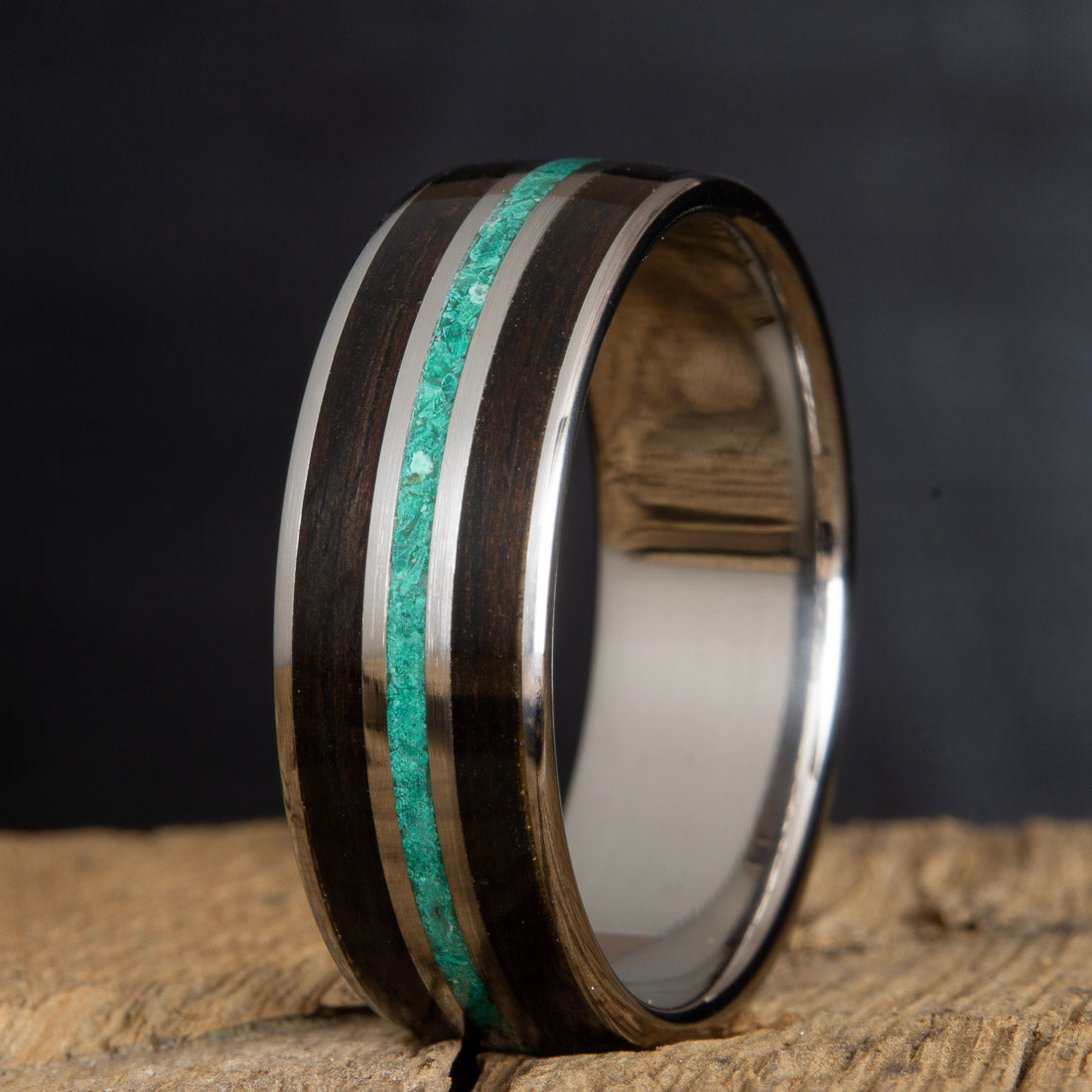 Mens wood ring with ebony wood and malachite inlays