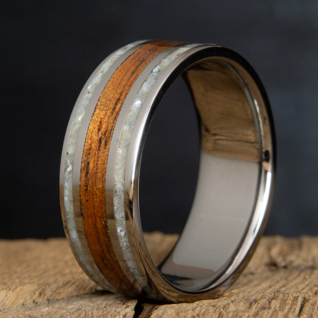 mens wood wedding band with Koa wood and mother of pearl inlay