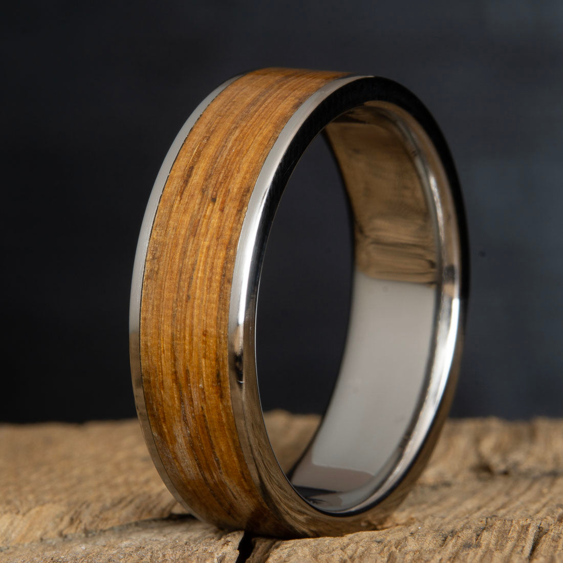 Mens ring with Whiskey barrel wood inlay
