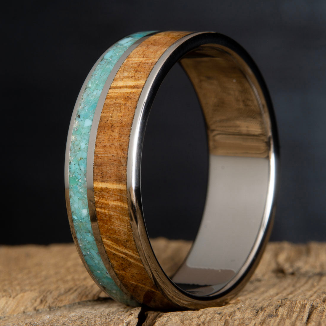 Mens wood inlay ring with oak burl wood and turquoise