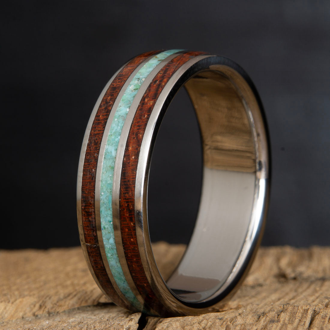 mens wood ring with turquoise and bubinga wood inlays