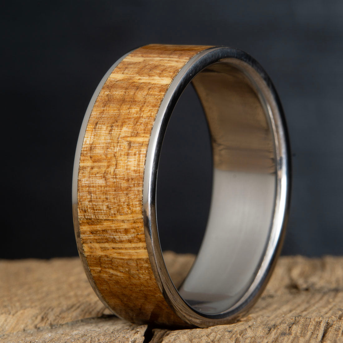 mens ring with Oak burl wood inlay