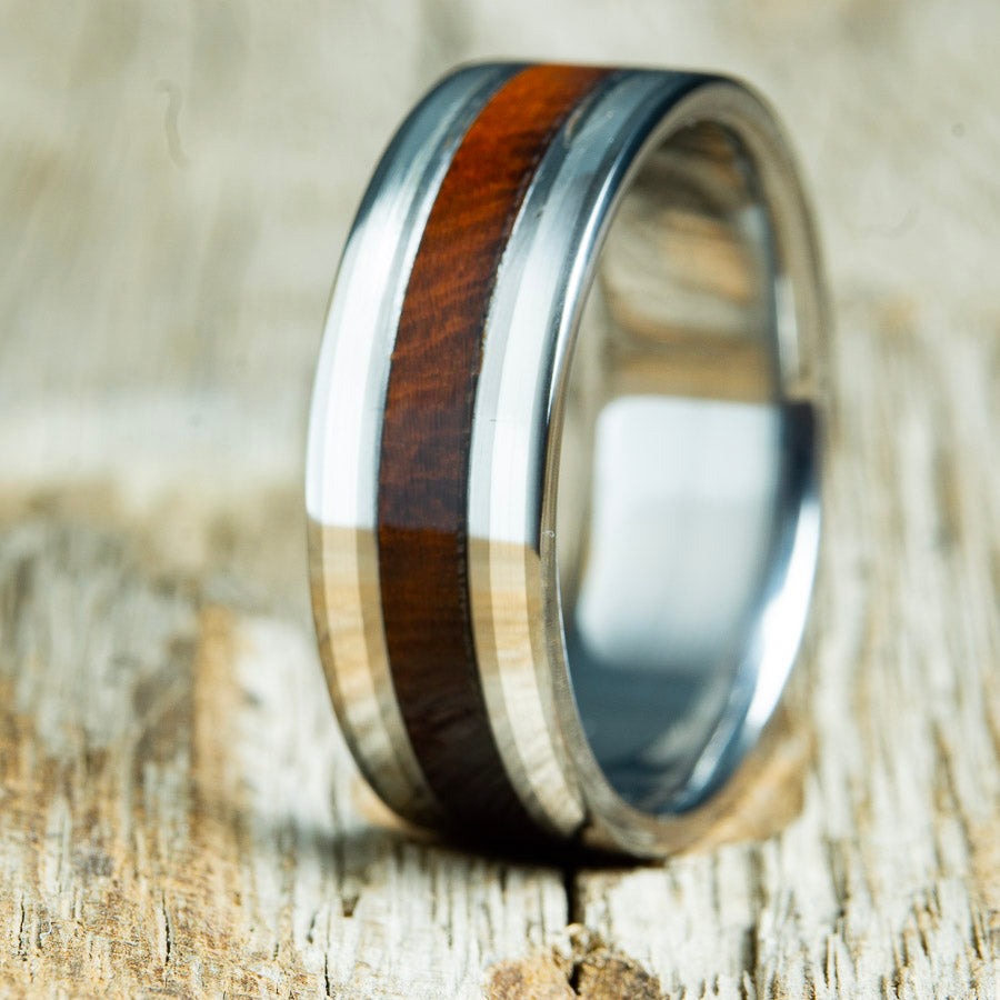 wooden wedding band with ironwood and silver pinstripes