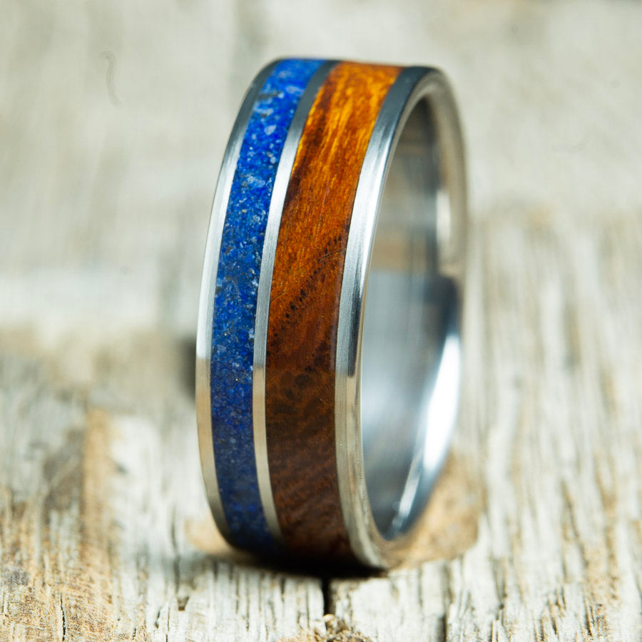 Wood wedding band with titanium, lapis and Ironwood