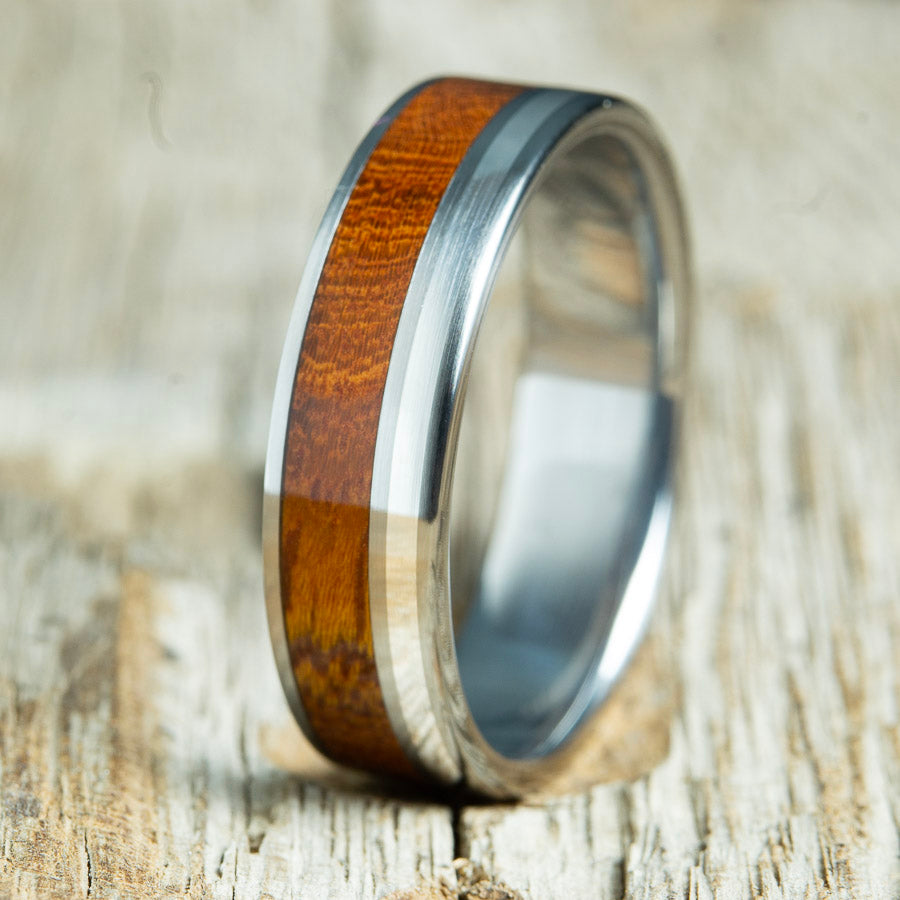 ironwood and silver inlay ring on titanium band