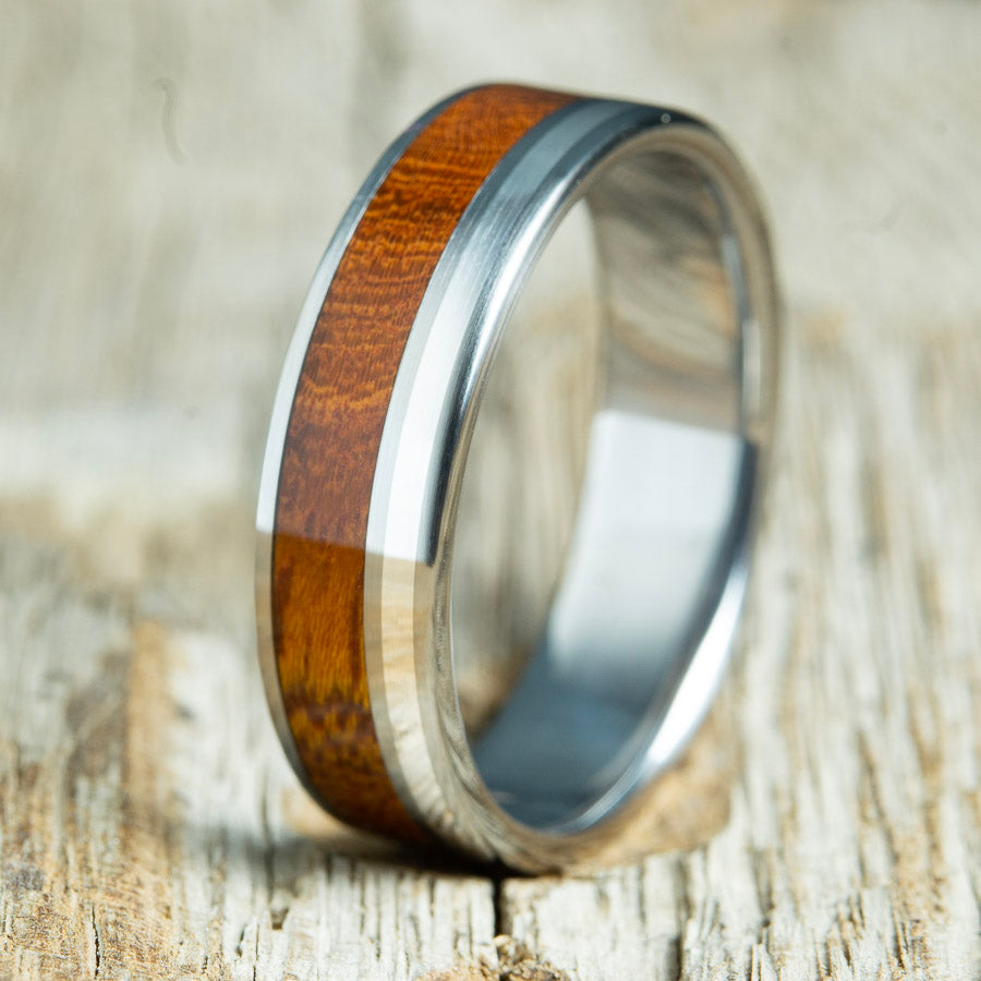 ironwood and silver pinstripe wood ring with polished titanium