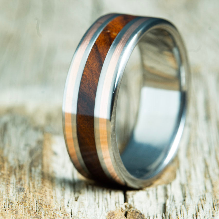 wood wedding band with ironwood and copper inlay