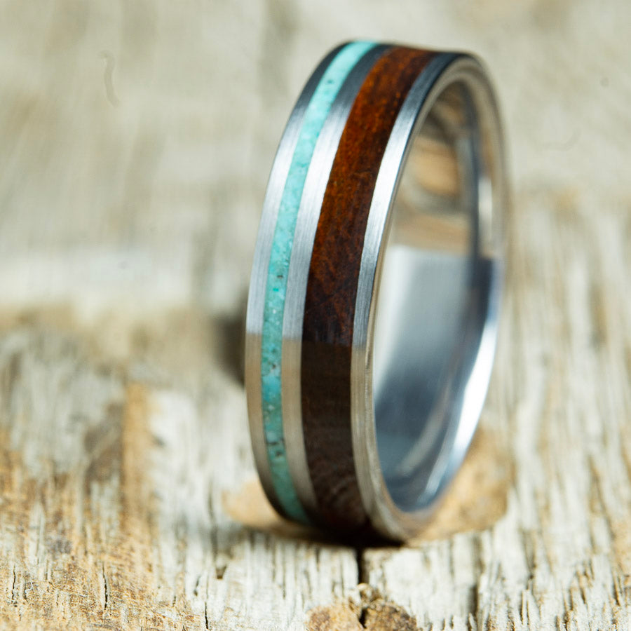 Wooden ring with Ironwood turquoise and titanium