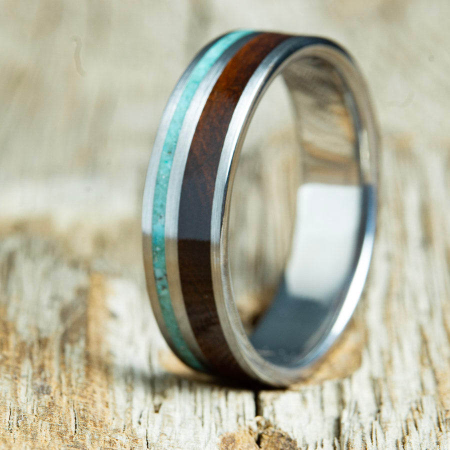 Wooden ring with Ironwood turquoise and titanium