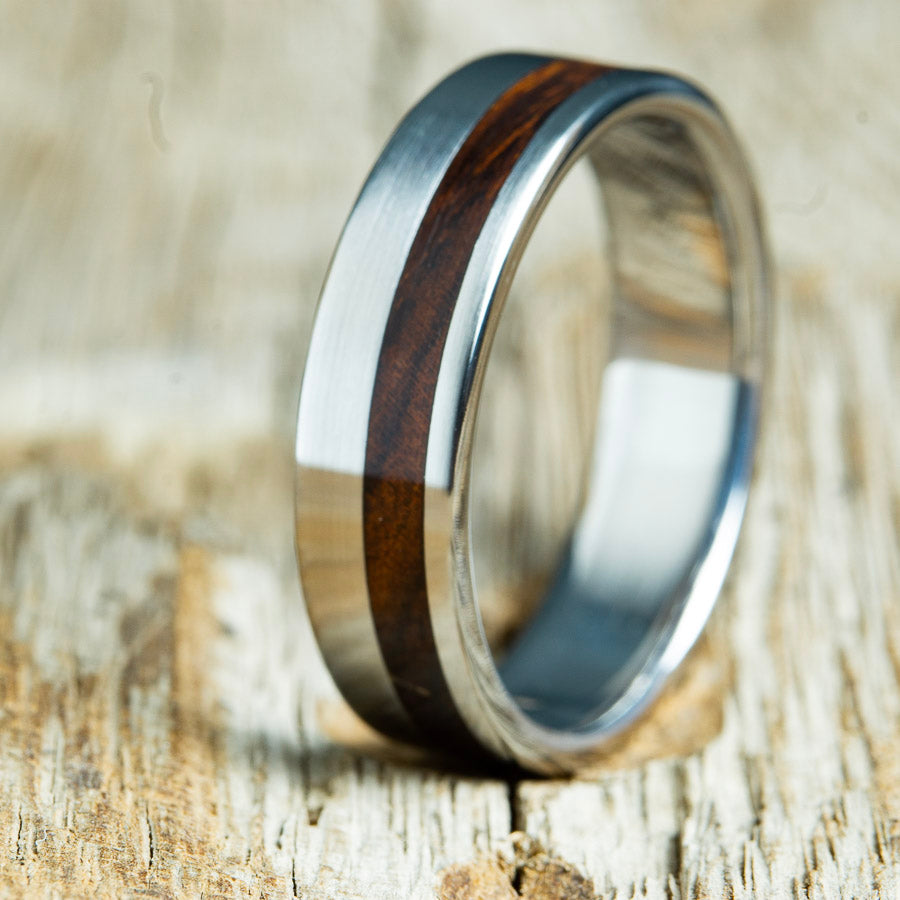 Titanium and offset Ironwood inlay wood ring