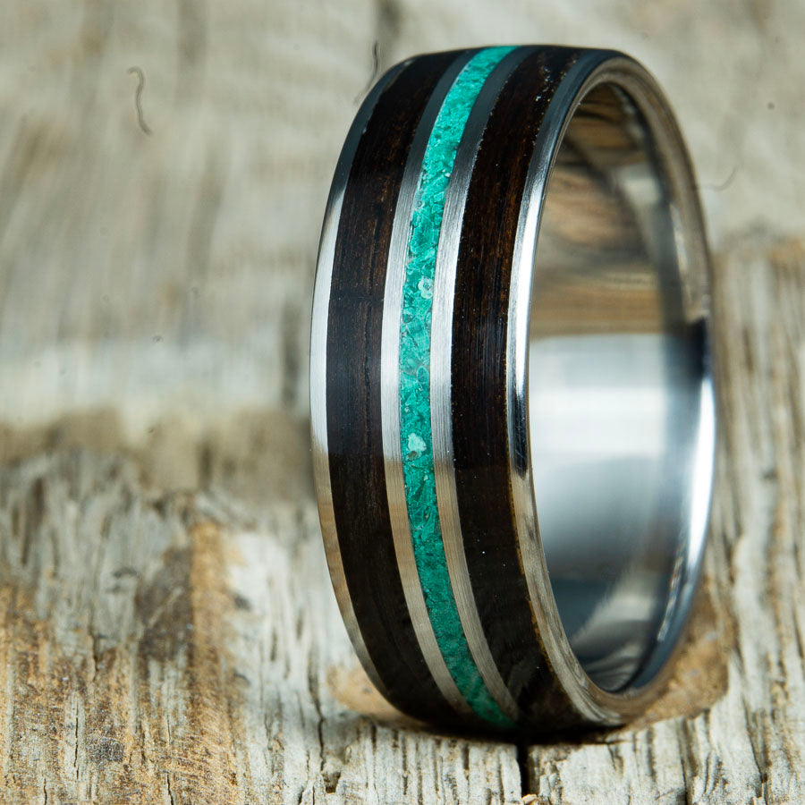 malachite stone inlay ring with volcano lava rock inlay