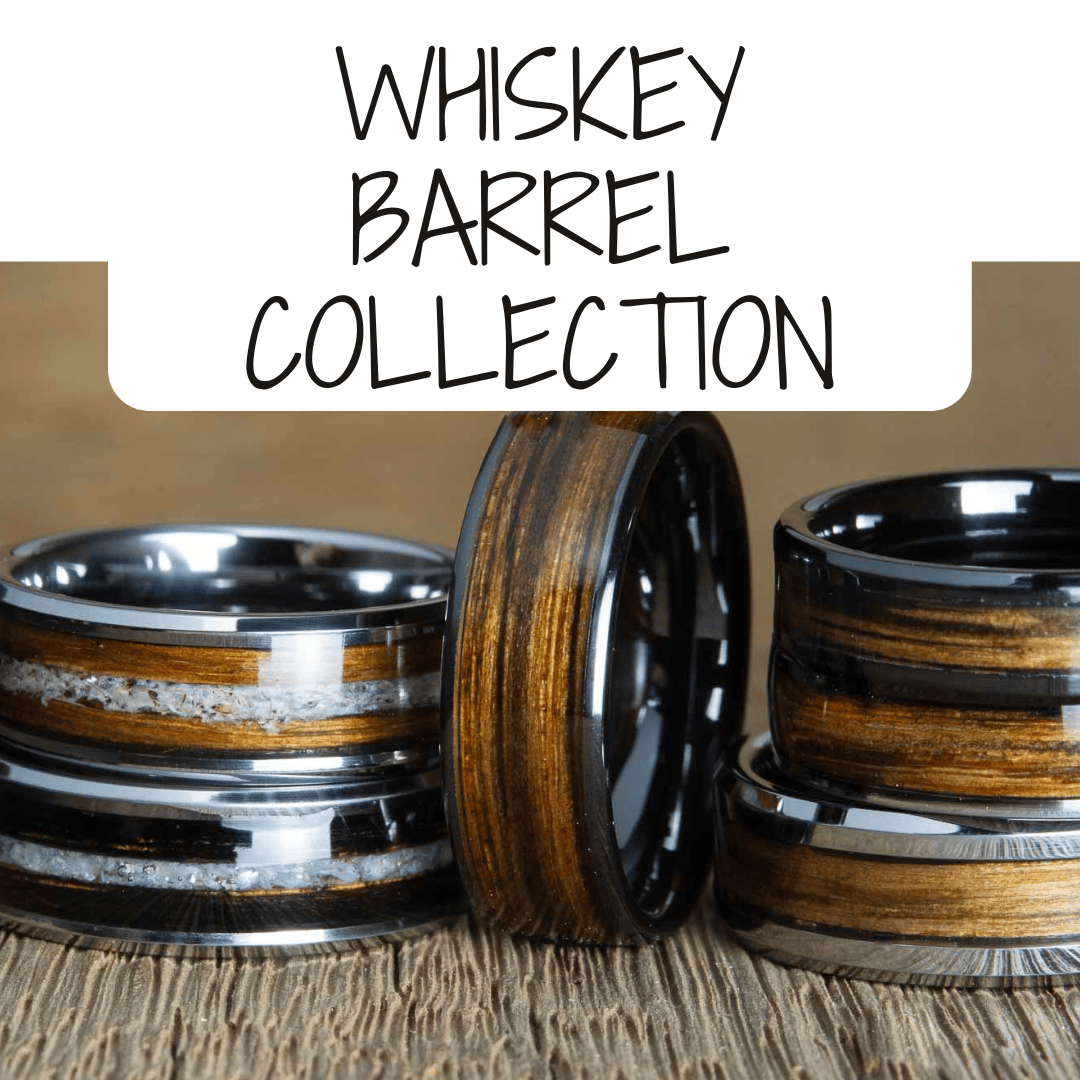 collection of custom rings made by Peacefield Titanium using whiskey barrel wood