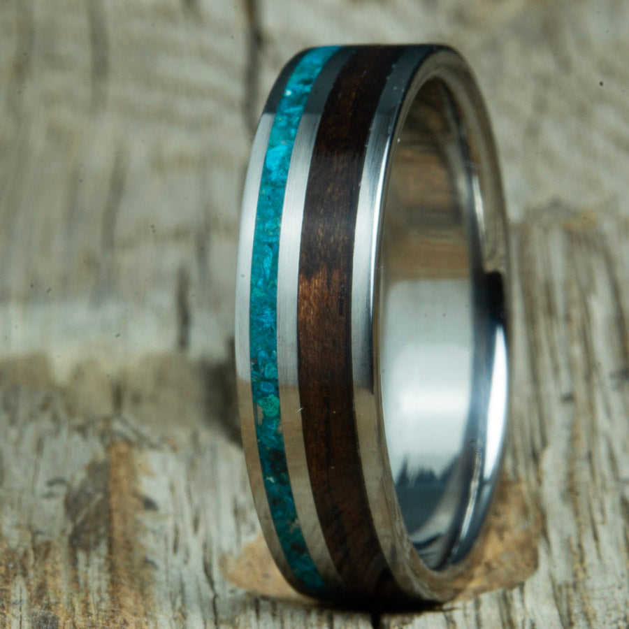 chrysocolla stone inlay ring with ebony wood