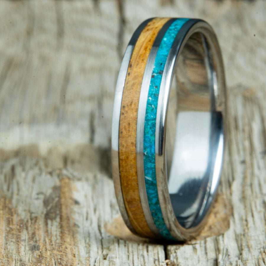 Chrysocolla stone inlay ring with Whiskey barrel wood