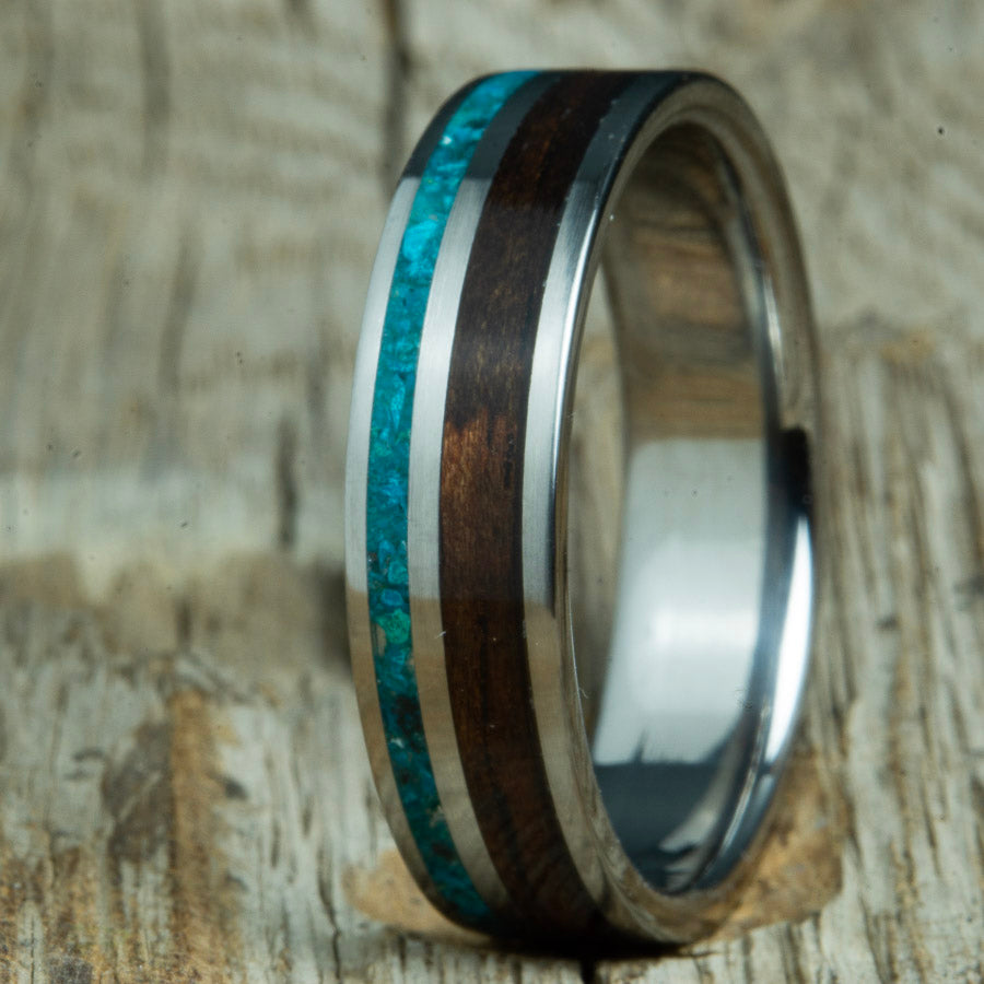 chrysocolla stone inlay ring with ebony wood