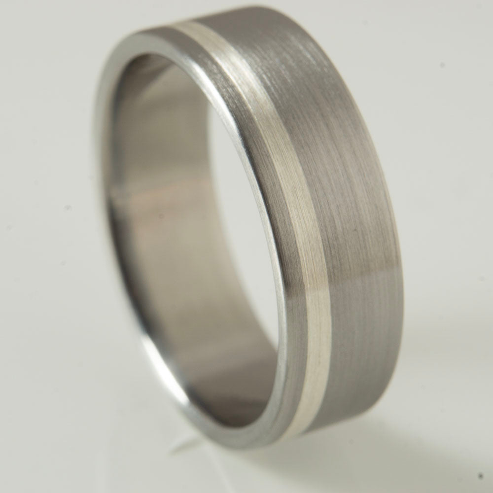 8mm wide titanium wedding band with silver pinstripe