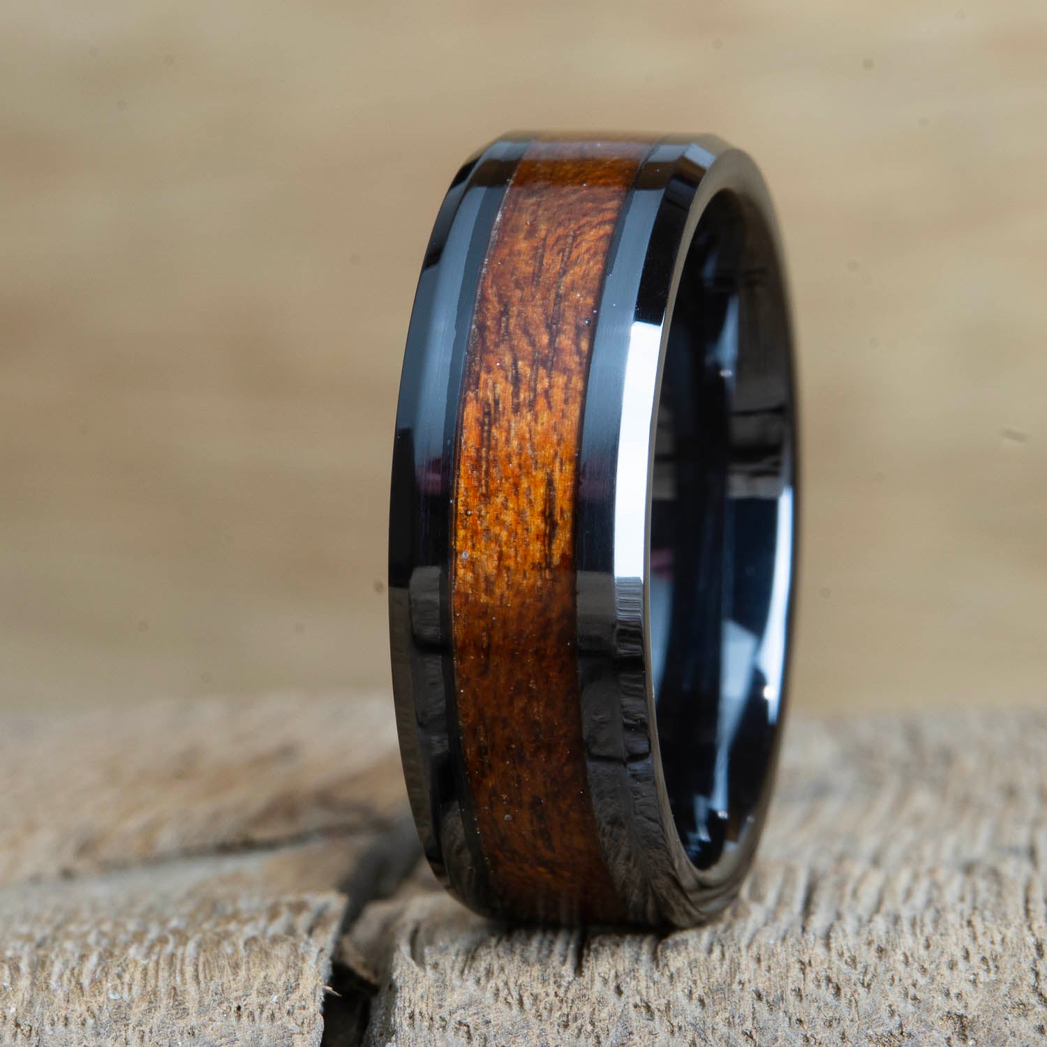 8mm black ring with Acacia wood inlay