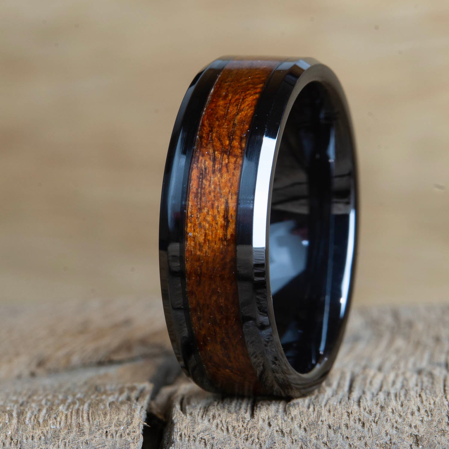 8mm black ring with Acacia wood inlay